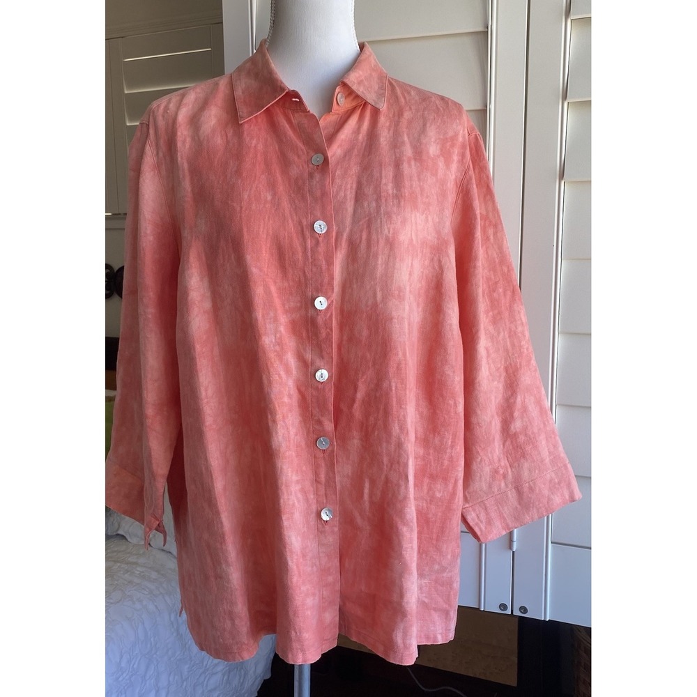 French Laundry Plus 1X Linen top 3/4 sleeve button‎ front collared  beachy Coral